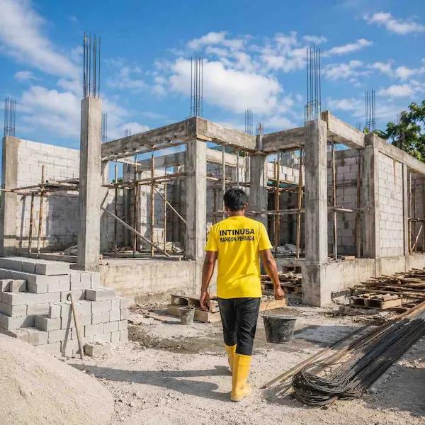 Konstruksi pembangunan rumah baru bergaya modern dari tahap awal.