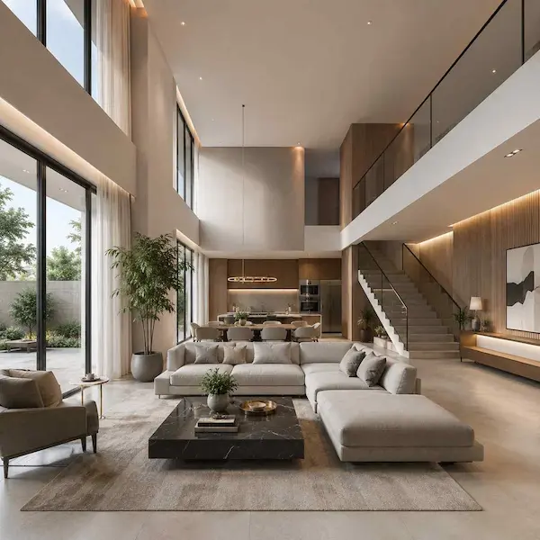 Desain interior ruang tamu minimalis dan estetik di Tangerang.