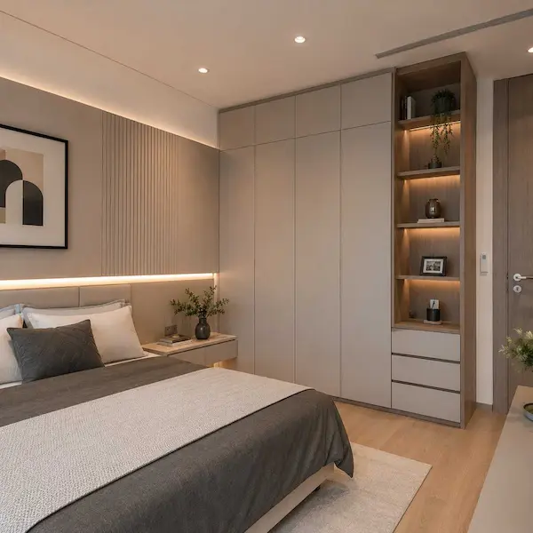 Renovasi interior apartemen minimalis dengan kitchen set dekat pintu masuk.