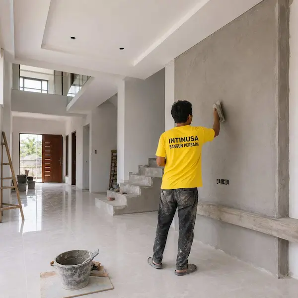 Proses renovasi fasad rumah minimalis oleh pekerja Intinusa Bangun Persada.