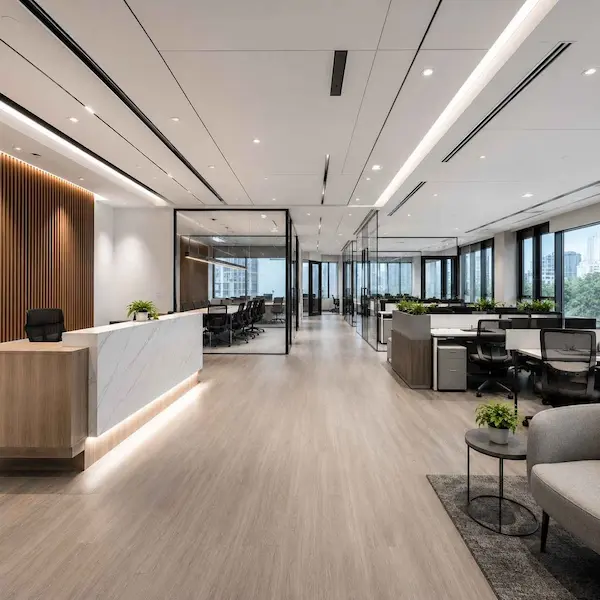 Renovasi total kantor dan fit out kantor modern dengan interior baru, sistem MEP, partisi kaca, lobby, dan ruang kerja profesional.