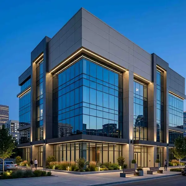 Eksterior gedung kantor yang baru direnovasi dengan fasad kaca dan panel logam modern.