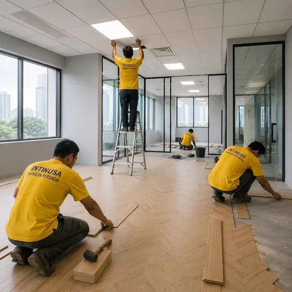 Area lobi kantor mewah yang baru direnovasi dengan meja resepsionis marmer dan logo perusahaan.