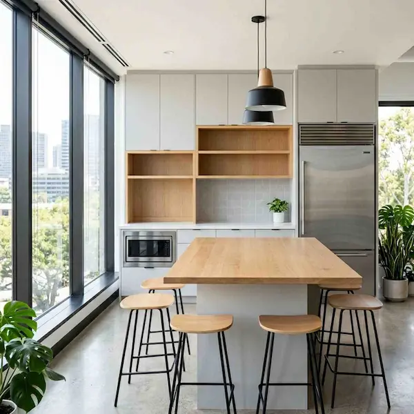 Area pantry kantor modern dan nyaman dengan dapur bersih, meja pulau, dan tempat duduk komunal.