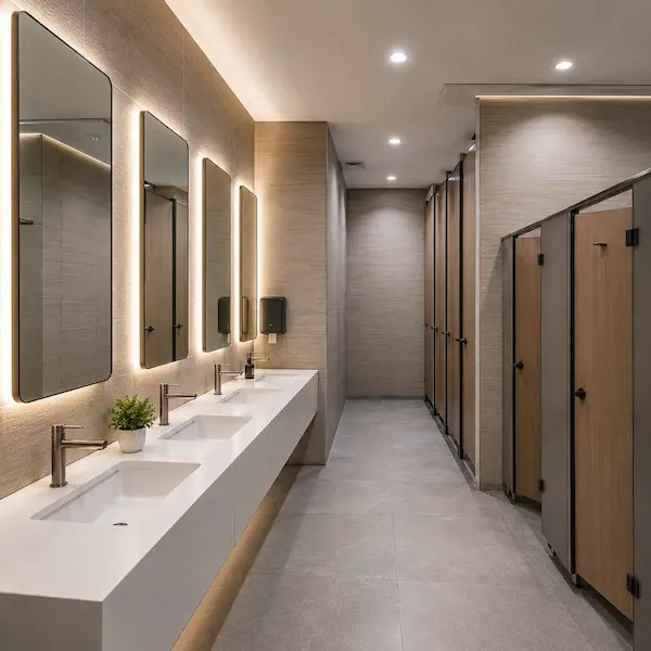 Toilet kantor yang bersih dan modern setelah renovasi dengan wastafel gantung dan cermin besar.