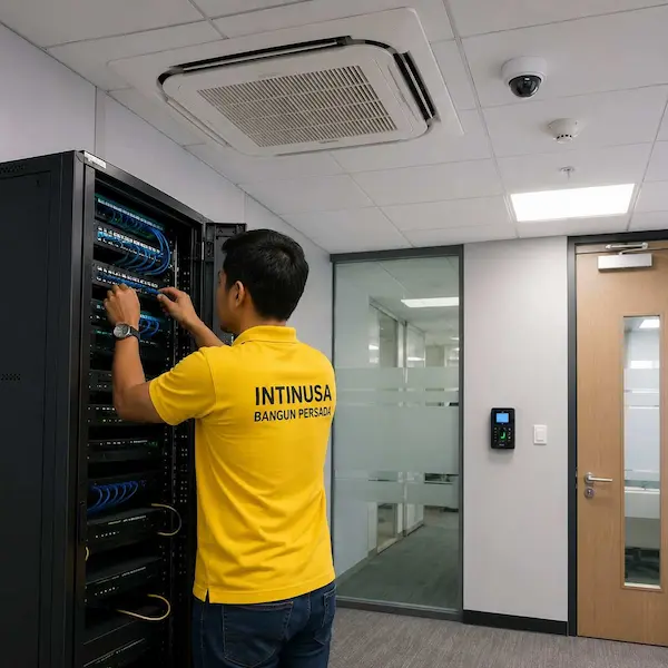 Seorang teknisi sedang menginstalasi dan menguji kabel server data dan sistem CCTV kantor.