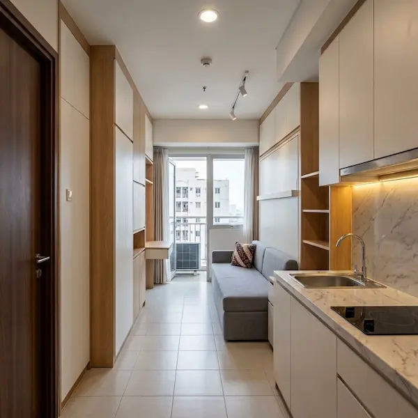 Desain Interior Apartemen Satu Kamar yang Terorganisir