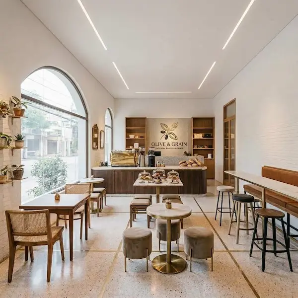 Interior ruko cafe dengan counter, area pelanggan, seating, lighting, dan ruang service