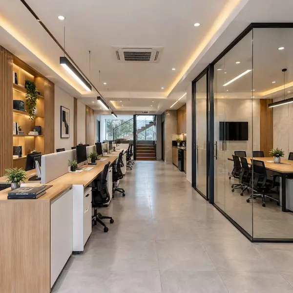 Interior ruko kantor dengan workstation, ruang meeting, storage, dan lighting modern