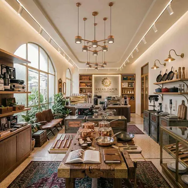 Interior showroom ruko dengan display produk, pencahayaan, area penerima tamu, dan sirkulasi pengunjung