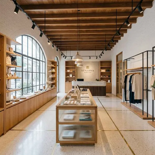 Interior ruko toko retail dengan display produk, area transaksi, storage, dan pencahayaan